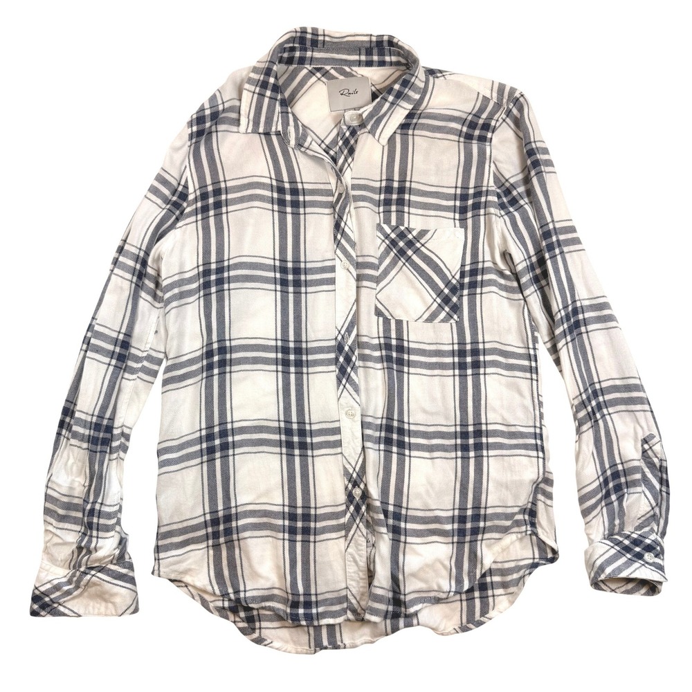 Rails Hunter Plaid Button Down Shirt White Navy Blue Rayon Long Sleeve Small‎